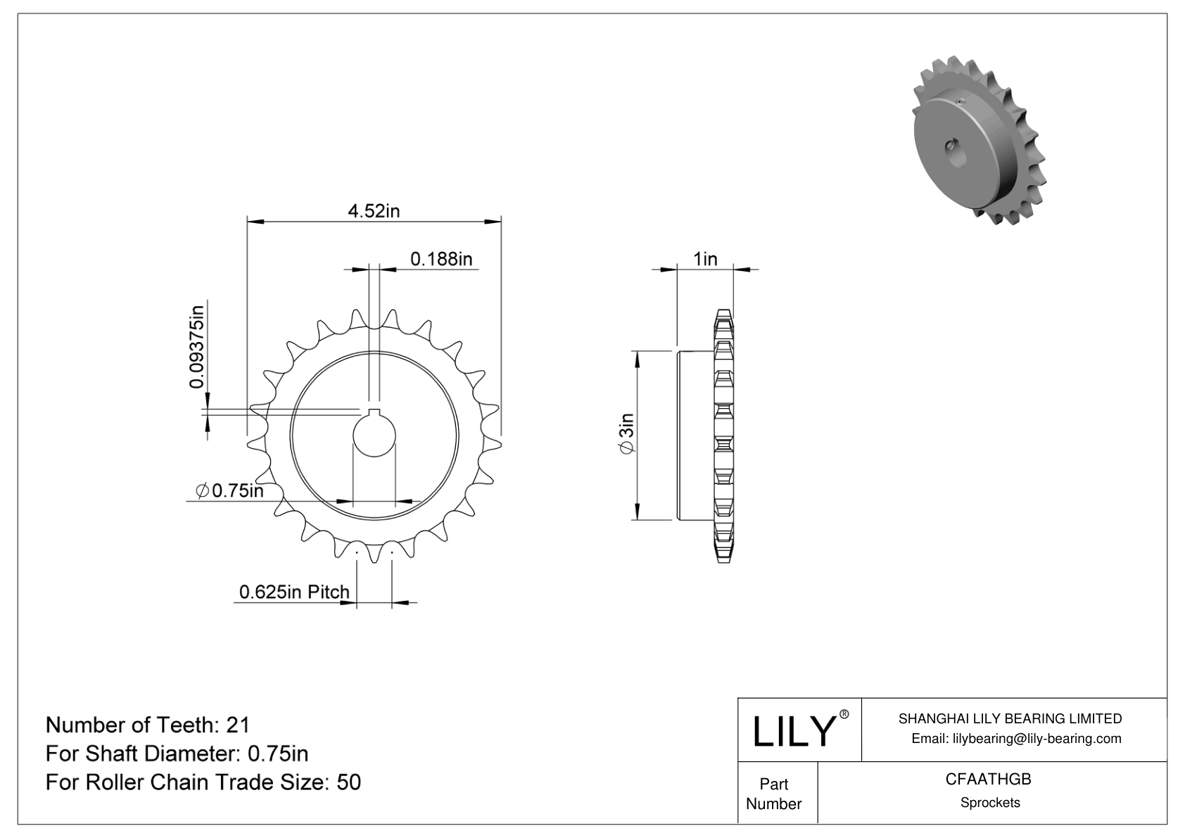 CFAATHGB Wear-Resistant Sprockets for ANSI Roller Chain cad drawing