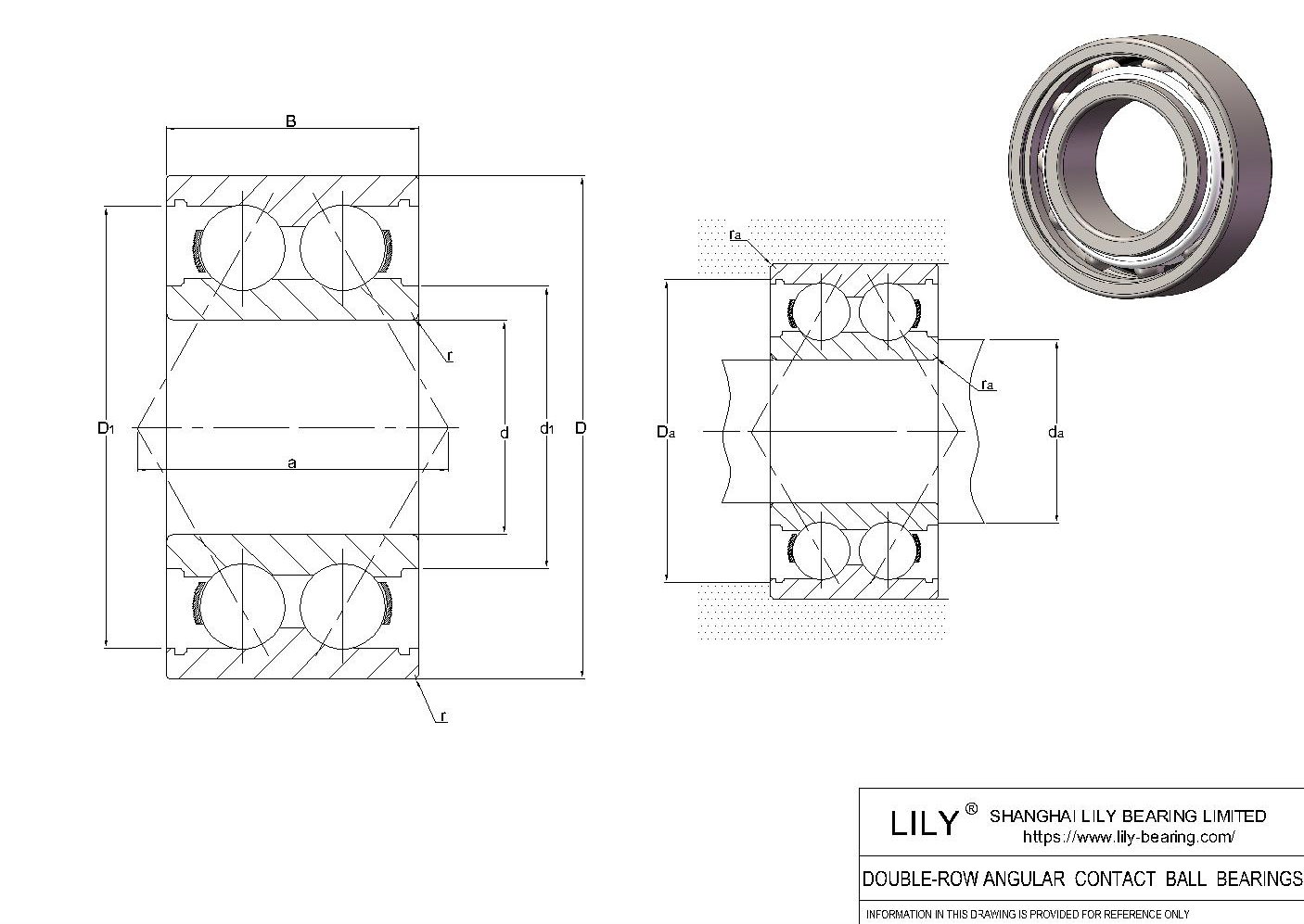 SS3200 Stainless Steel Double Row Angular Contact Ball Bearings cad drawing