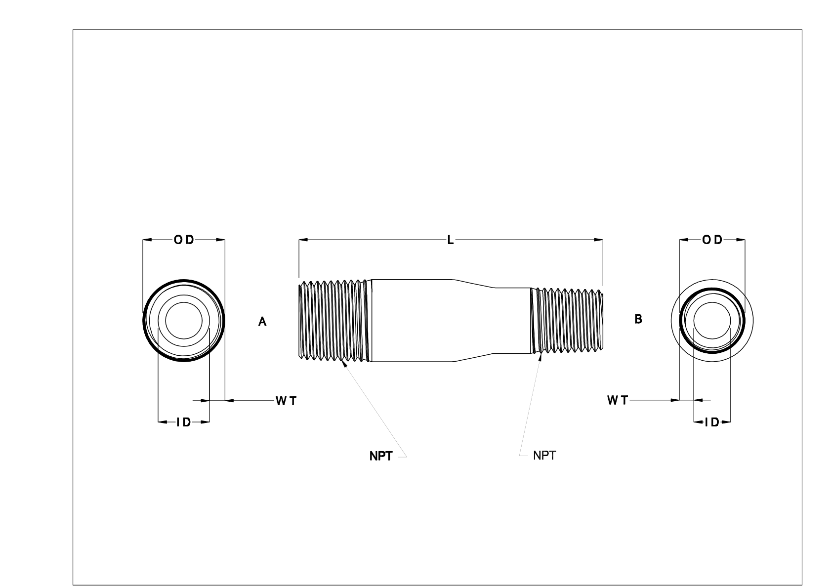 CBGBKCC Espigas roscadas y tubos de acero inoxidable de pared gruesa cad drawing