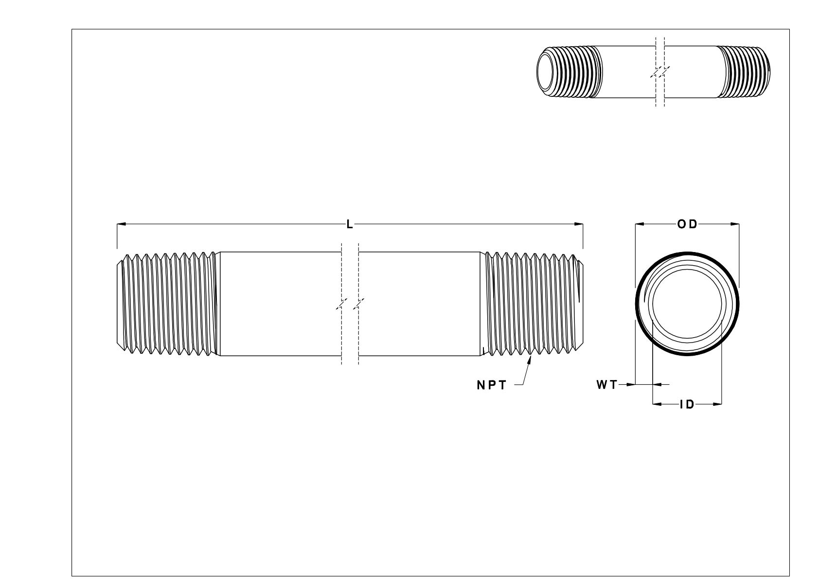 EFGIKCEI Espigas y tubos roscados de latón de pared estándar cad drawing