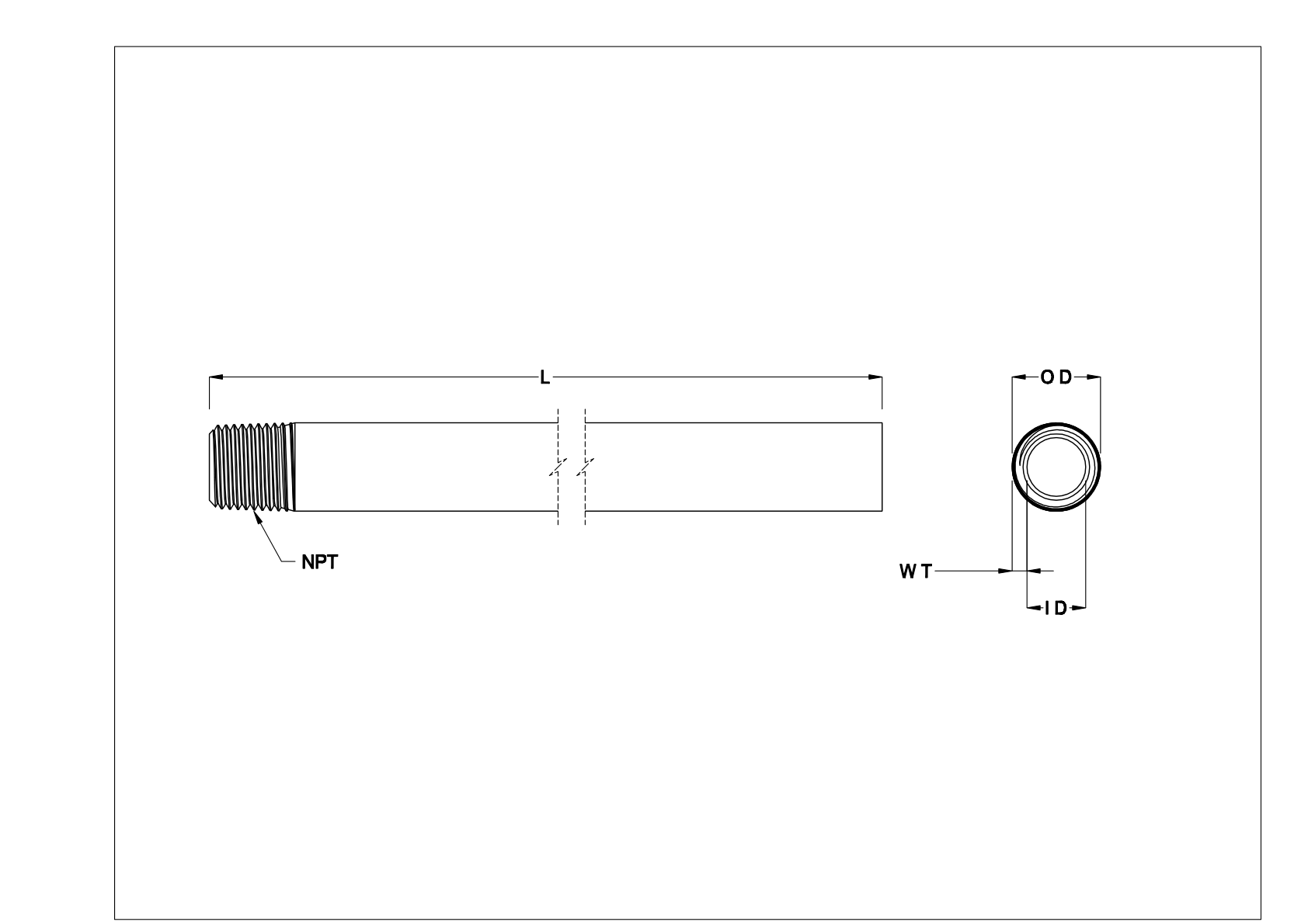 JBBATBG Espigas roscadas y tubos de acero inoxidable de pared estándar cad drawing