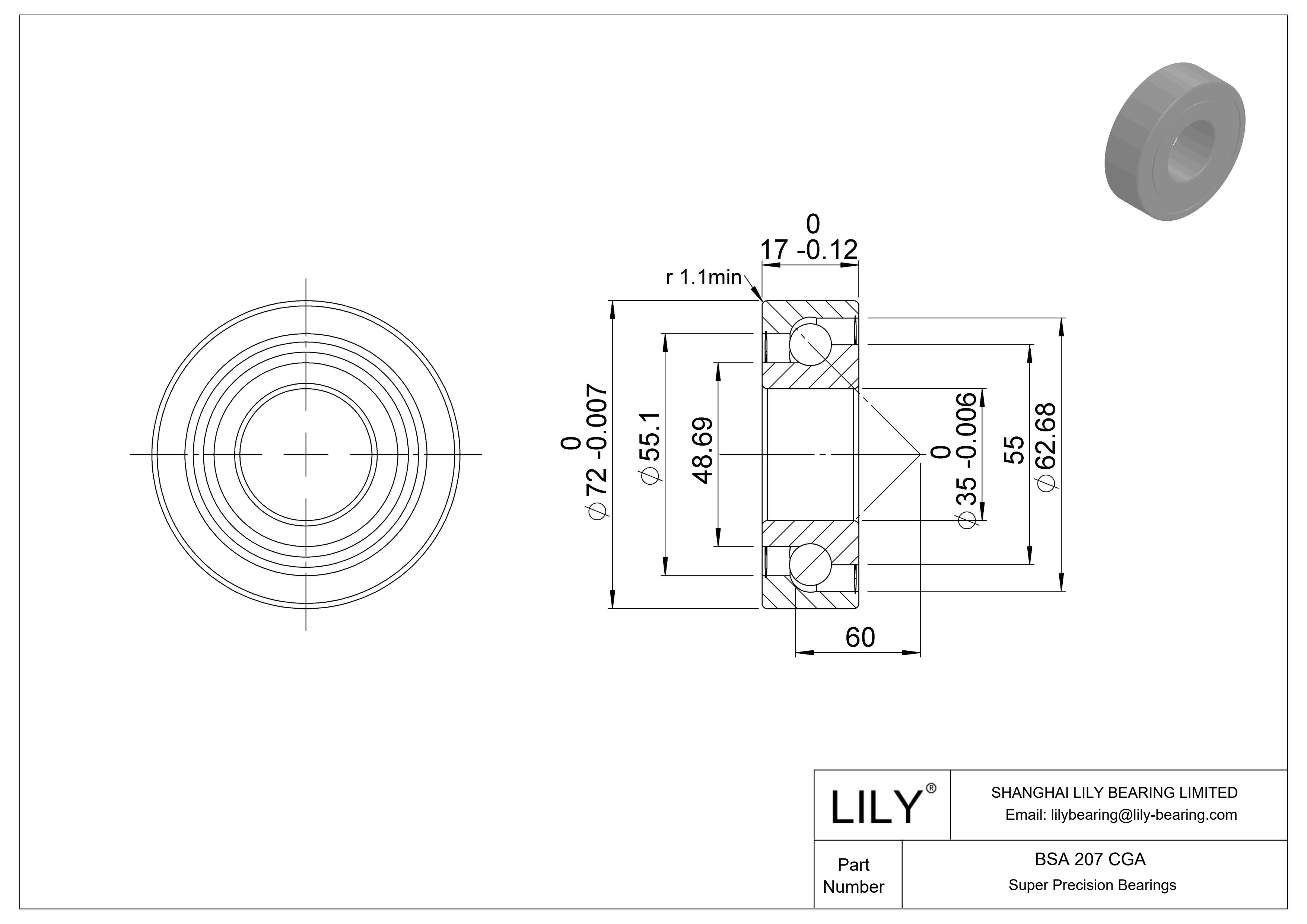 BSA 207 CGA 用于丝杠传动的角接触推力球轴承 cad drawing