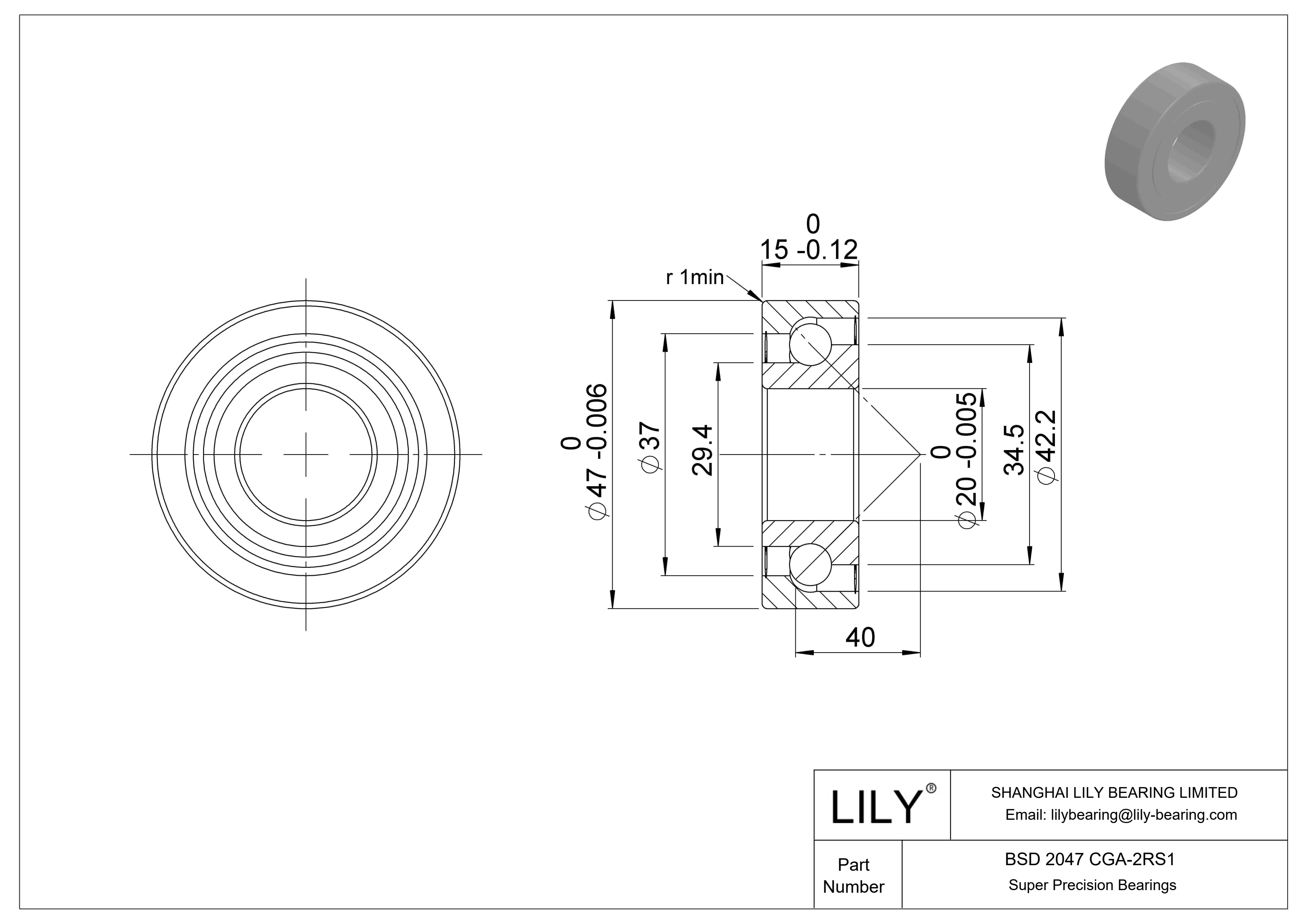 BSD 2047 CGA-2RS1 用于丝杠传动的角接触推力球轴承 cad drawing