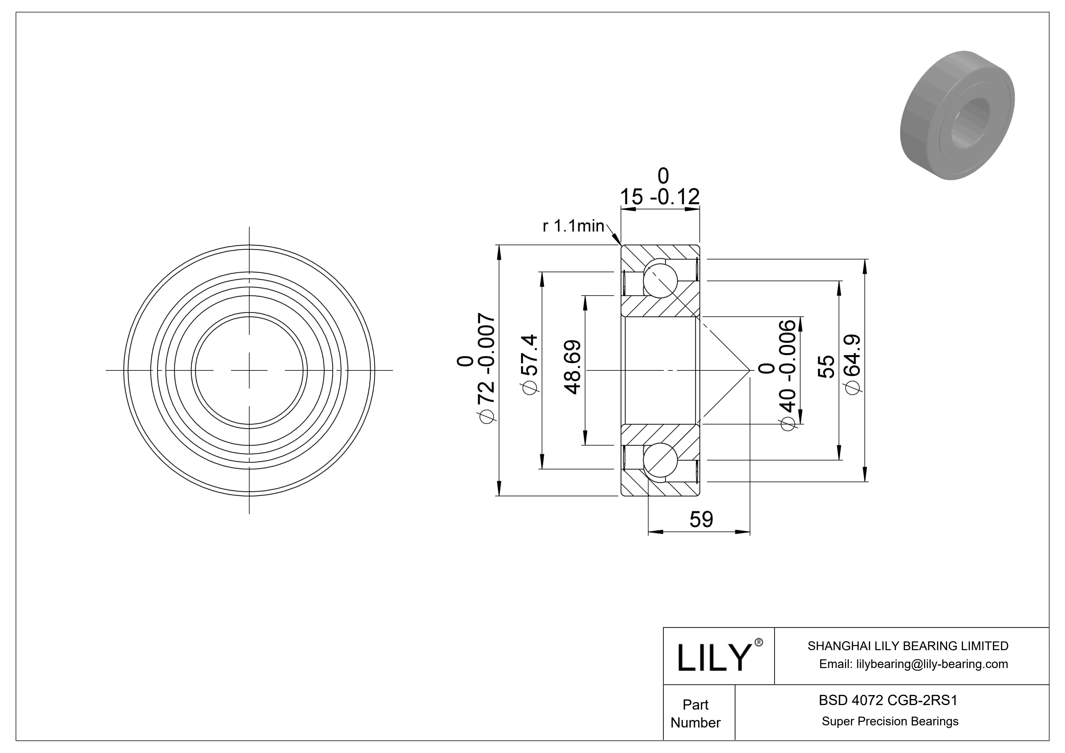 BSD 4072 CGB-2RS1 用于丝杠传动的角接触推力球轴承 cad drawing