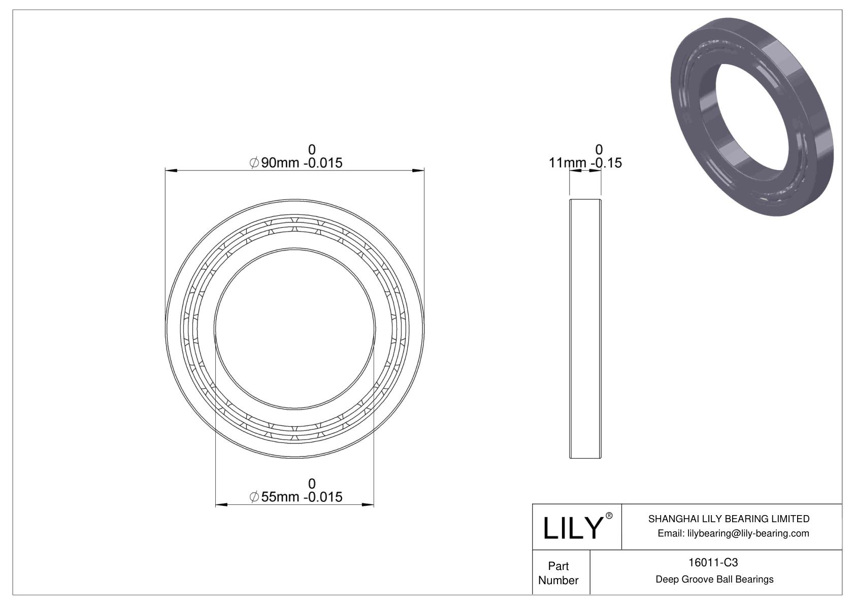 16011-C3 General Deep Groove Ball Bearing cad drawing