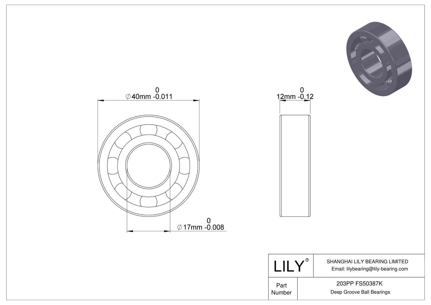 203PP FS50387K Fafnir Deep Groove Ball Bearings (9100K, 200K, 300K) cad drawing