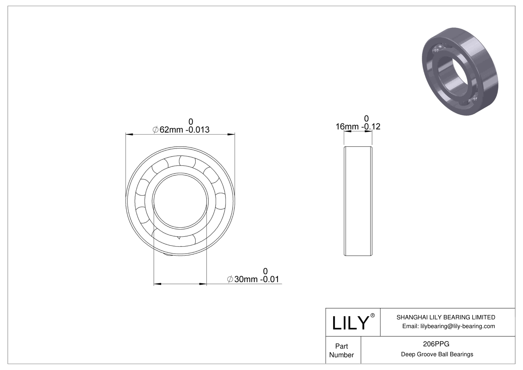 206PPG Fafnir Deep Groove Ball Bearings (9100K, 200K, 300K) cad drawing