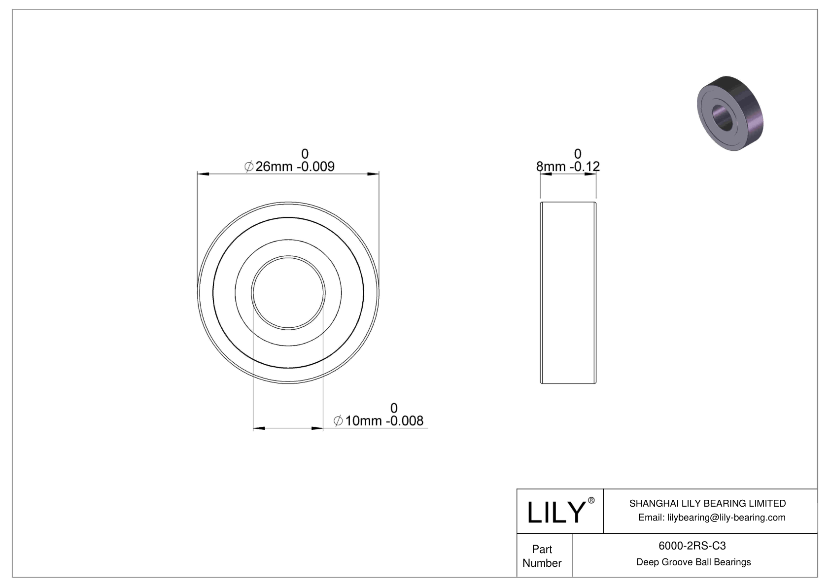 6000-2RS-C3 Deep Groove Ball Bearings (6000, 6200, 6300, 6400) cad drawing