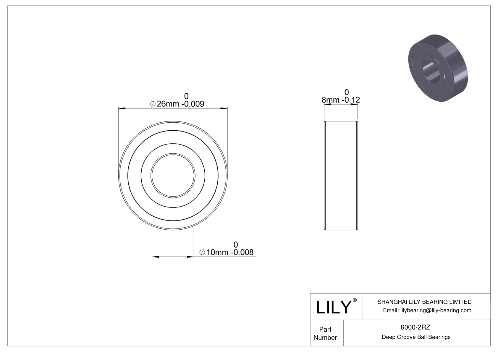 6000-2RZ Deep Groove Ball Bearings (6000, 6200, 6300, 6400) cad drawing