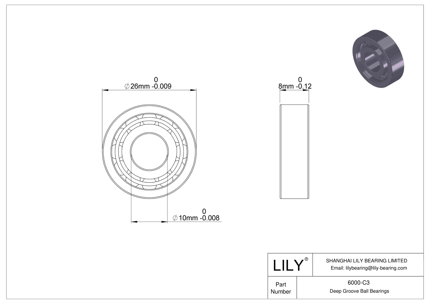 6000-C3 General Deep Groove Ball Bearing cad drawing