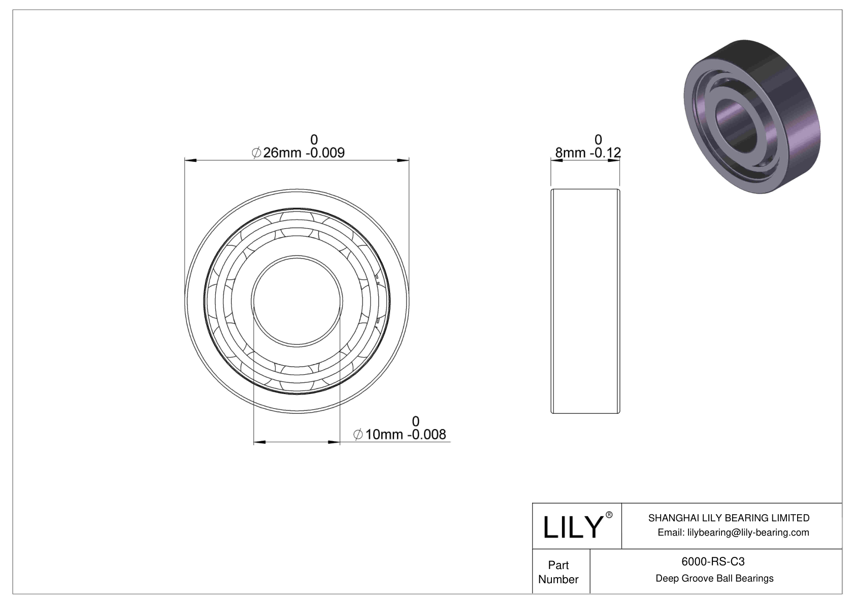 6000-RS-C3 Deep Groove Ball Bearings (6000, 6200, 6300, 6400) cad drawing