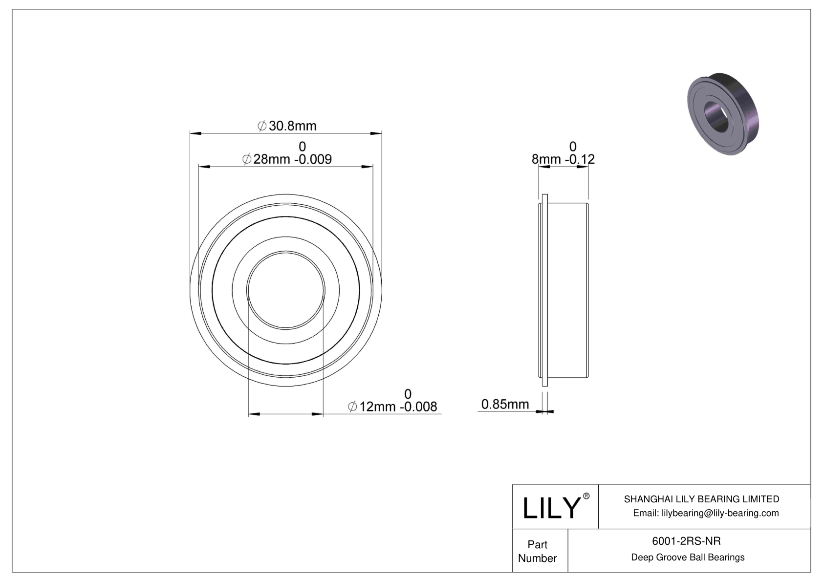 6001-2RS-NR Deep Groove Ball Bearings (6000, 6200, 6300, 6400) cad drawing