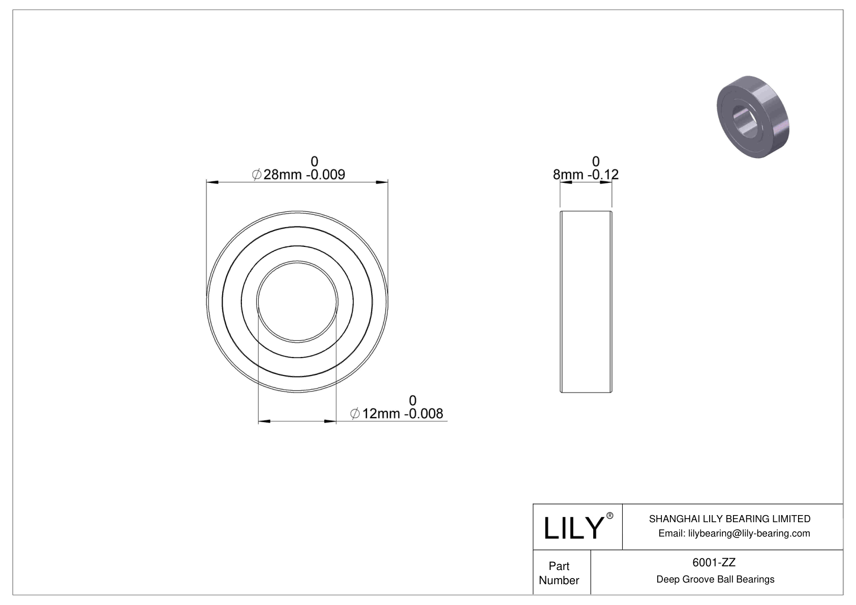 6001-ZZ Deep Groove Ball Bearings (6000, 6200, 6300, 6400) cad drawing