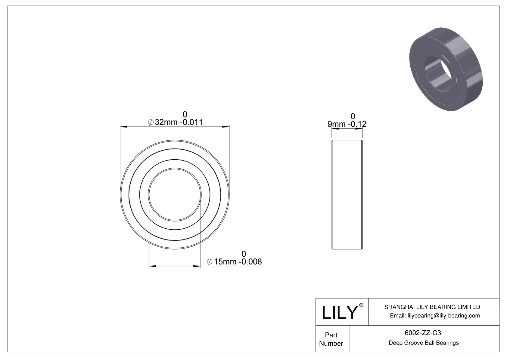 6002-ZZ-C3 Deep Groove Ball Bearings (6000, 6200, 6300, 6400) cad drawing