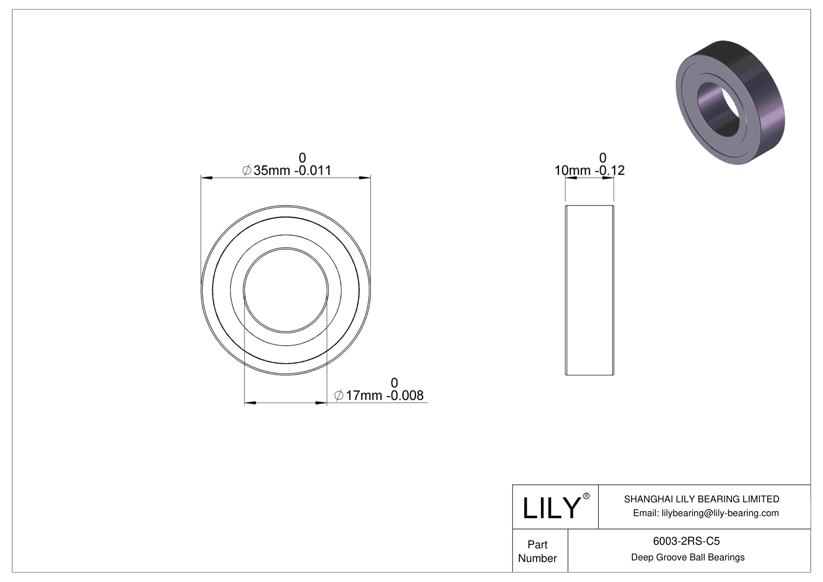 6003-2RS-C5 Deep Groove Ball Bearings (6000, 6200, 6300, 6400) cad drawing