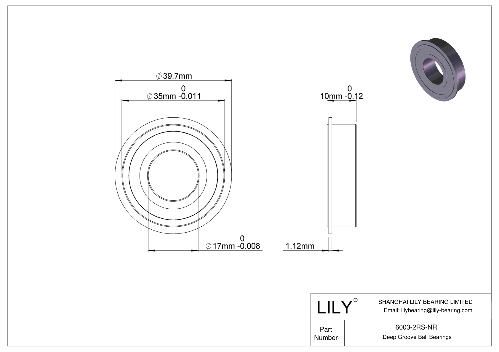 6003-2RS-NR Deep Groove Ball Bearings (6000, 6200, 6300, 6400) cad drawing