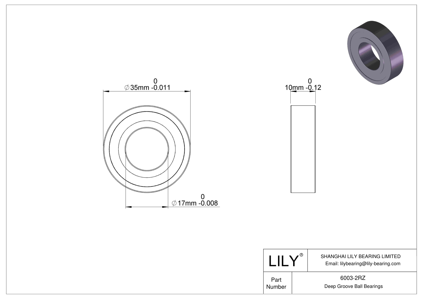 6003-2RZ Deep Groove Ball Bearings (6000, 6200, 6300, 6400) cad drawing