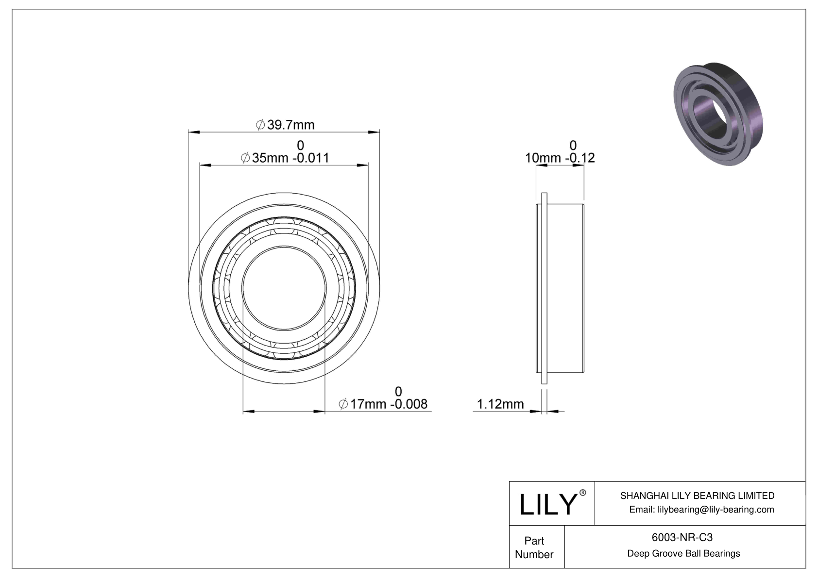 6003-NR-C3 Deep Groove Ball Bearings (6000, 6200, 6300, 6400) cad drawing