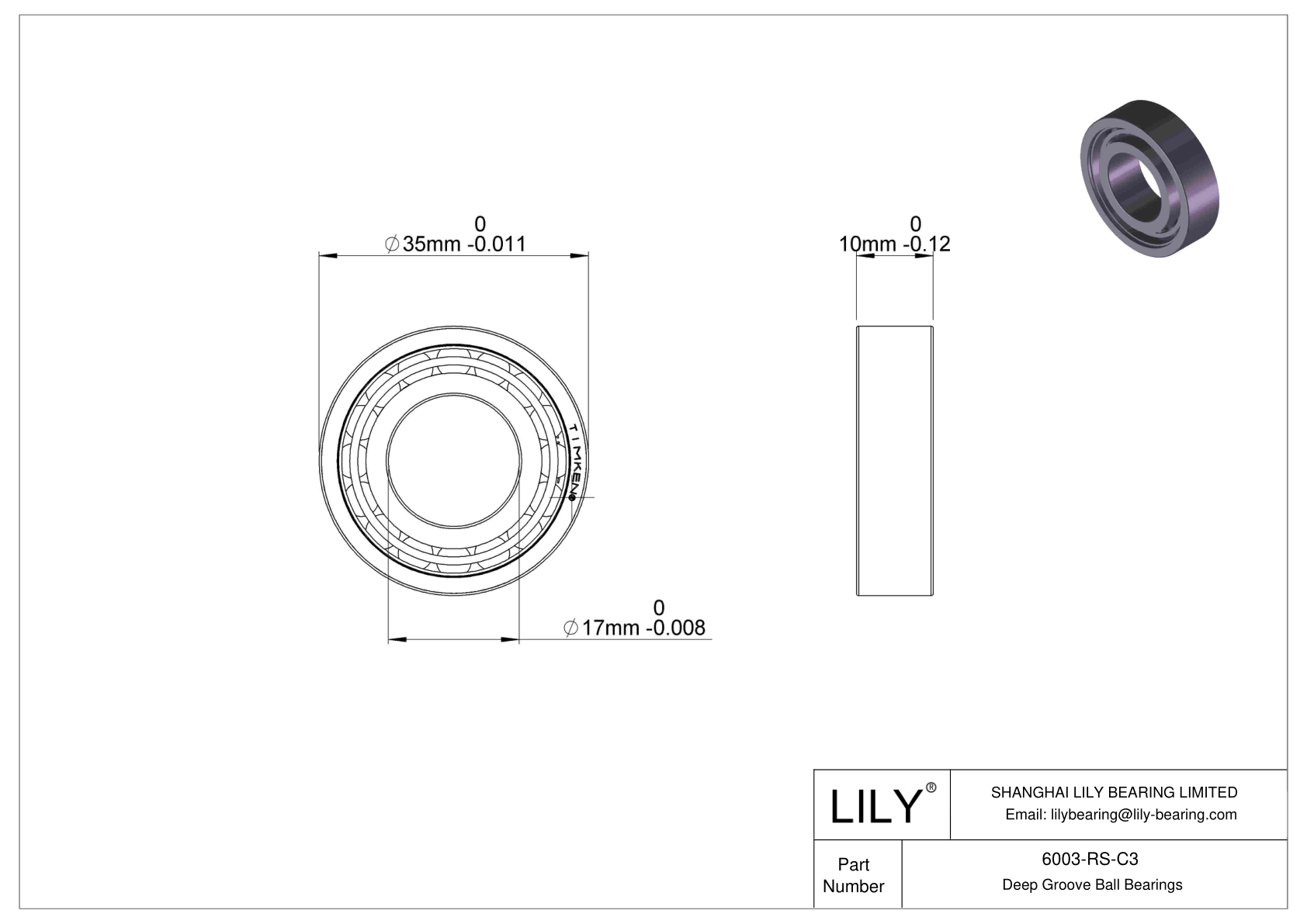 6003-RS-C3 Deep Groove Ball Bearings (6000, 6200, 6300, 6400) cad drawing