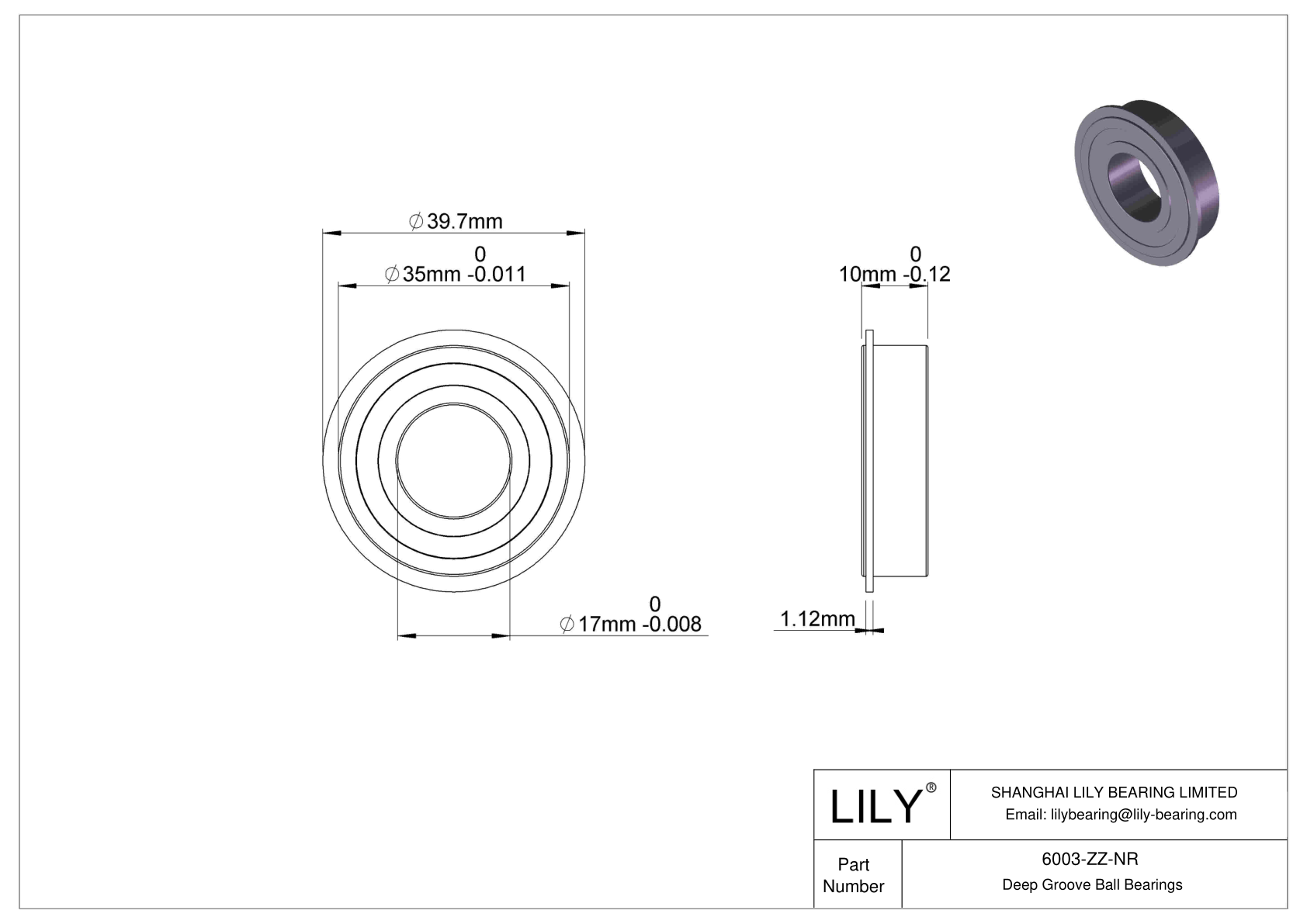 6003-ZZ-NR Deep Groove Ball Bearings (6000, 6200, 6300, 6400) cad drawing