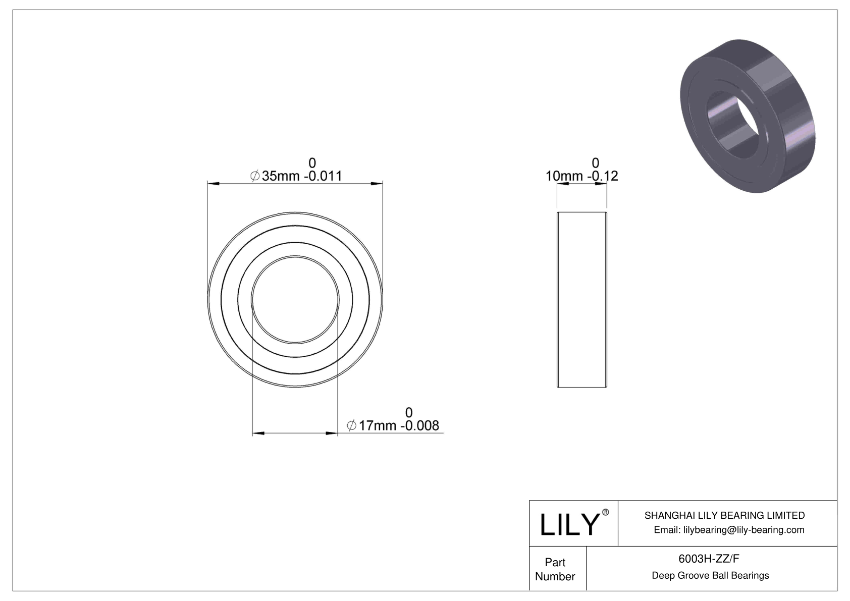 6003H-ZZ/F Corrosion Resistant Deep Groove Ball Bearings cad drawing