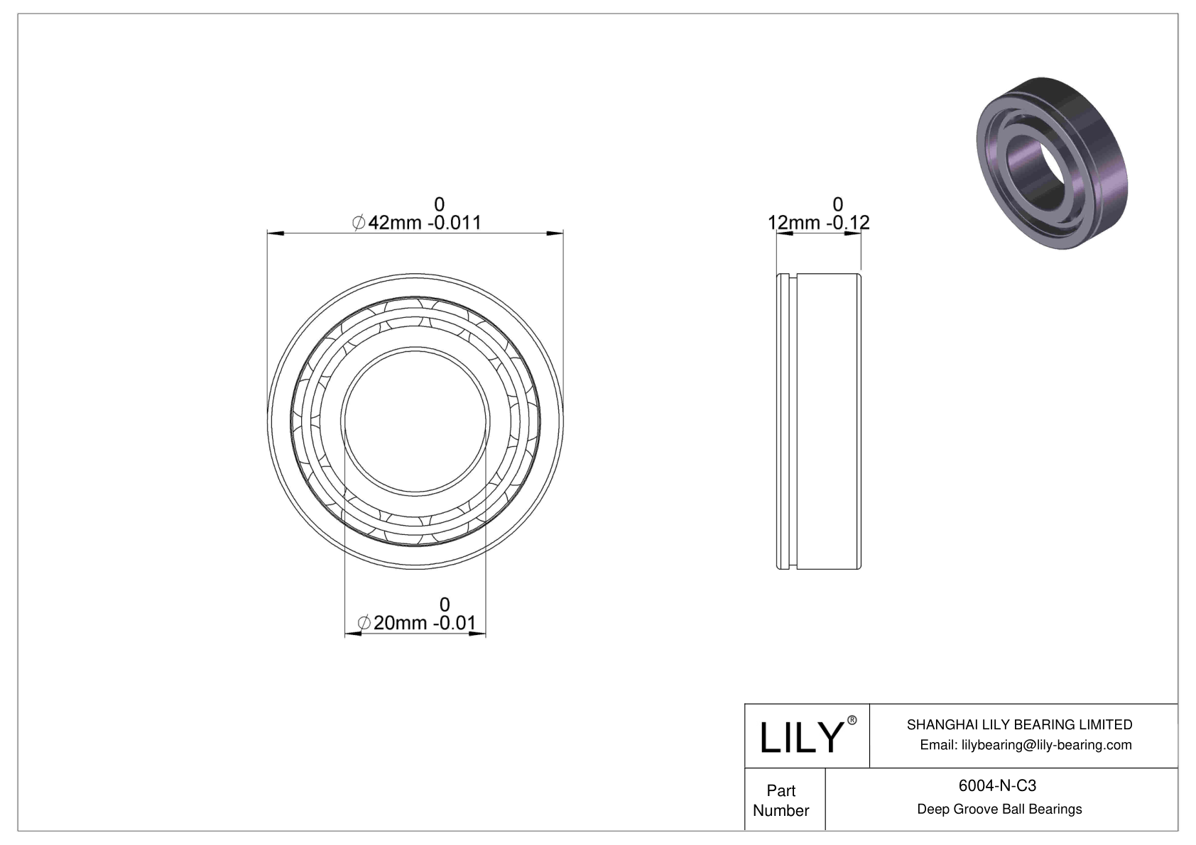 6004-N-C3 Deep Groove Ball Bearings (6000, 6200, 6300, 6400) cad drawing