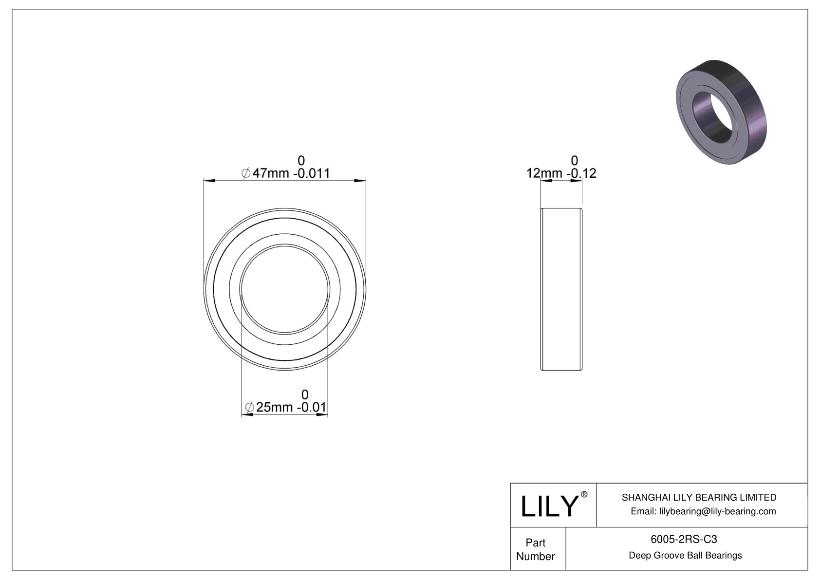 6005-2RS-C3 Deep Groove Ball Bearings (6000, 6200, 6300, 6400) cad drawing