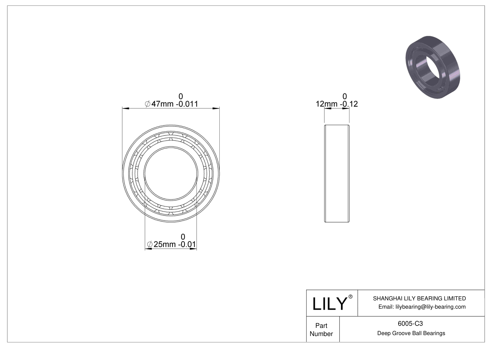 6005-C3 General Deep Groove Ball Bearing cad drawing