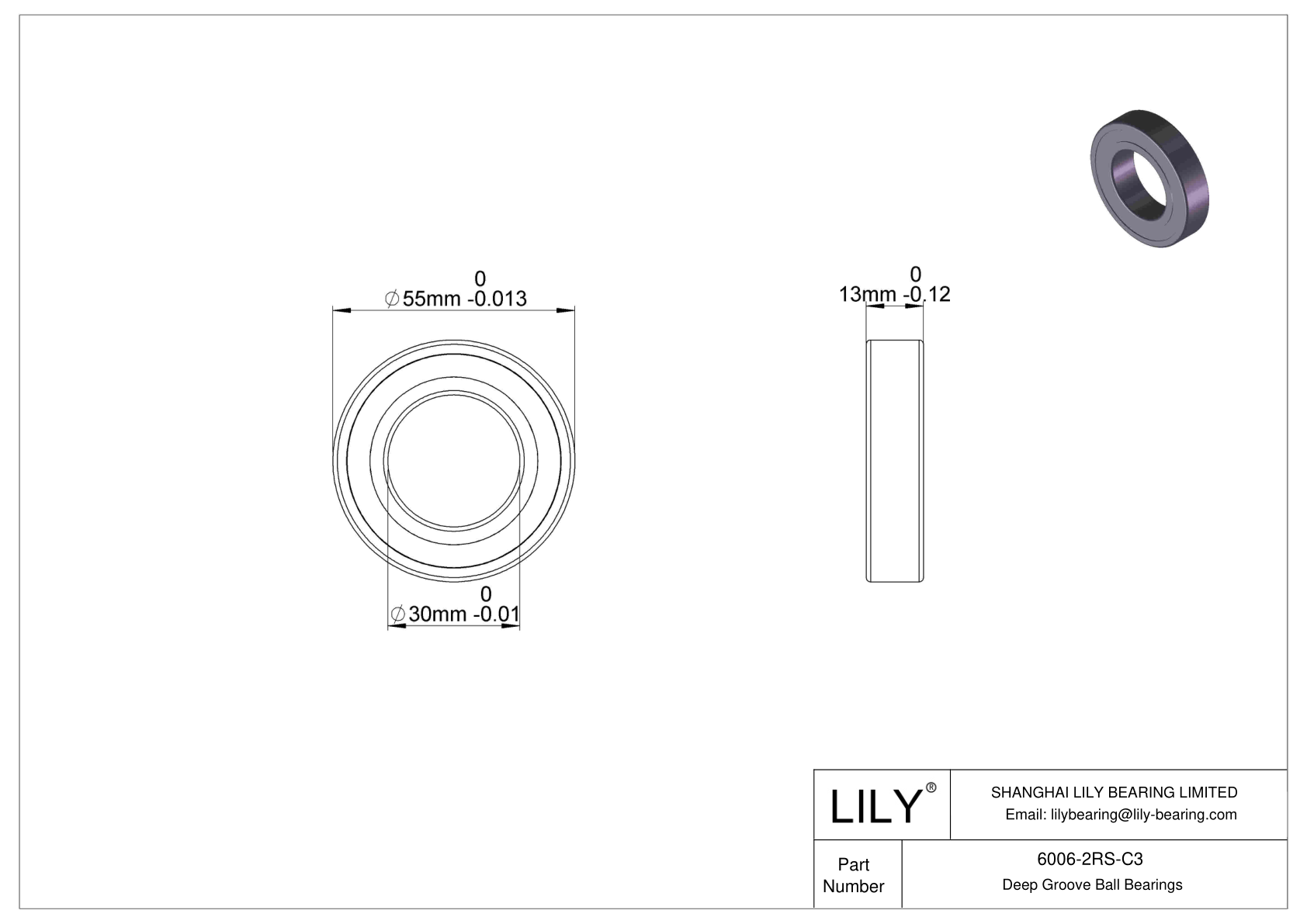 6006-2RS-C3 Deep Groove Ball Bearings (6000, 6200, 6300, 6400) cad drawing