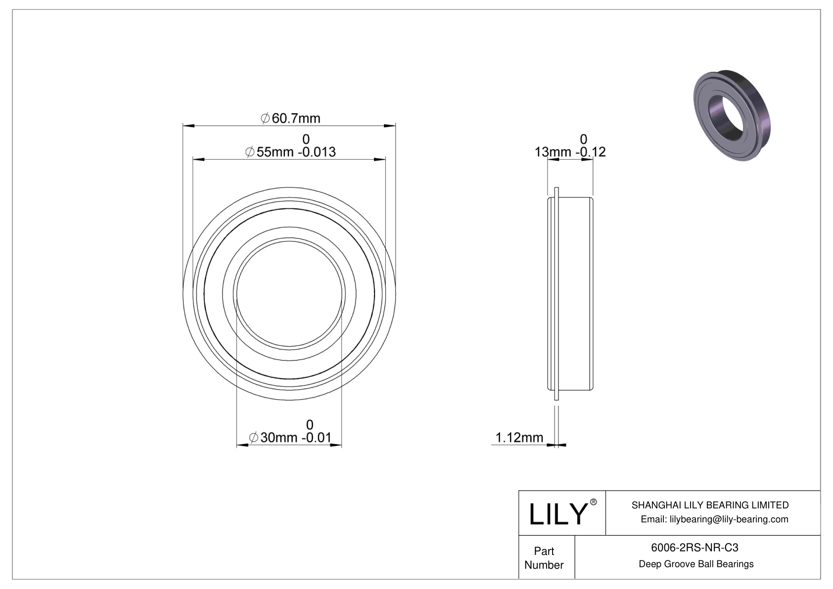 6006-2RS-NR-C3 Deep Groove Ball Bearings (6000, 6200, 6300, 6400) cad drawing