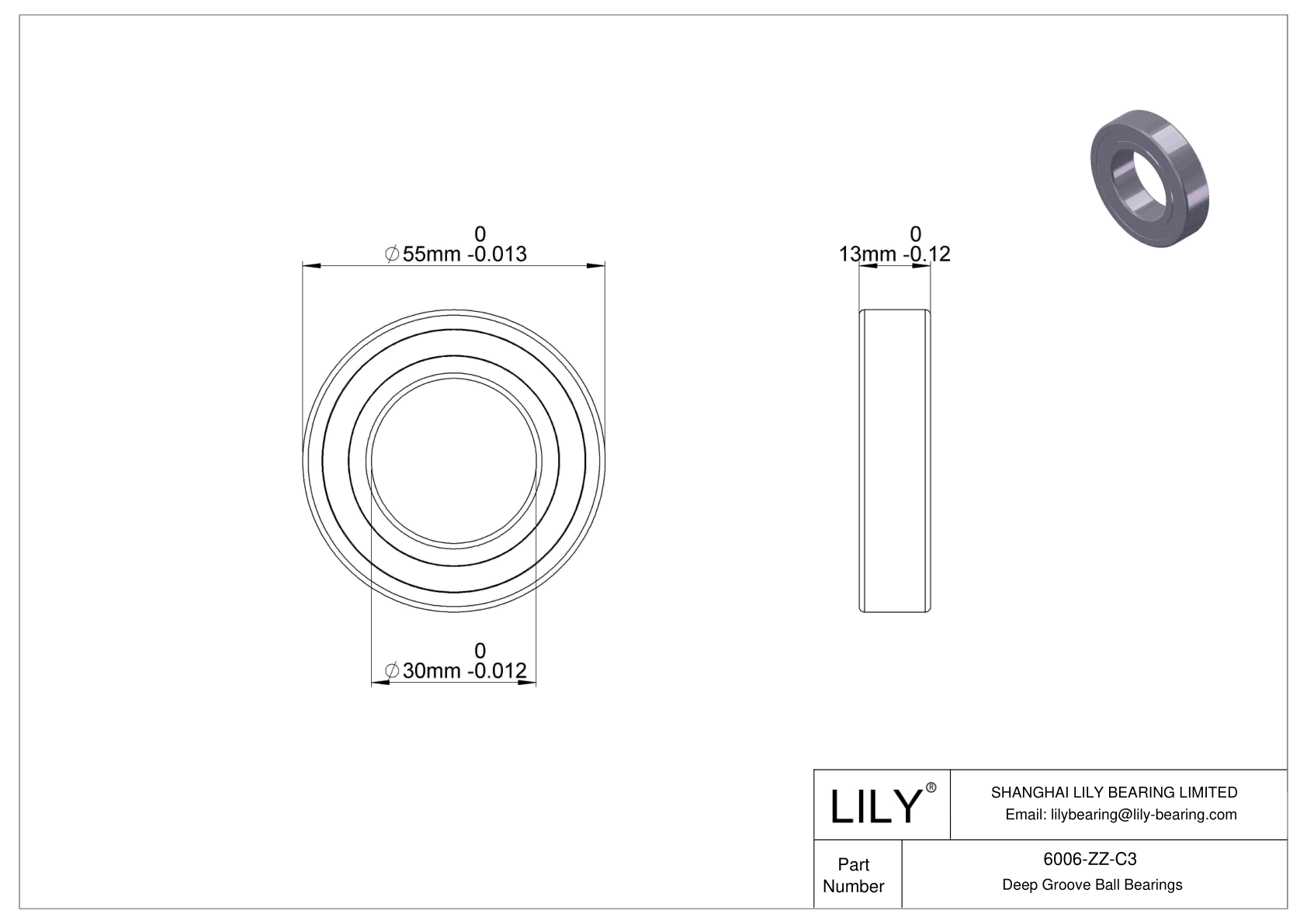 6006-ZZ-C3 Deep Groove Ball Bearings (6000, 6200, 6300, 6400) cad drawing