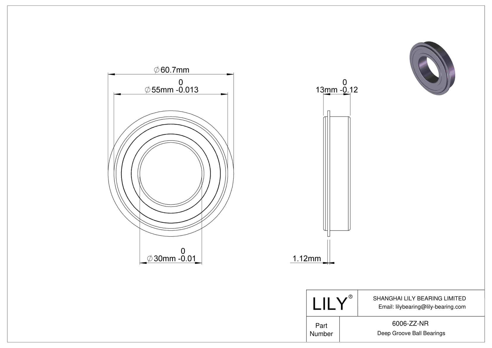 6006-ZZ-NR Deep Groove Ball Bearings (6000, 6200, 6300, 6400) cad drawing