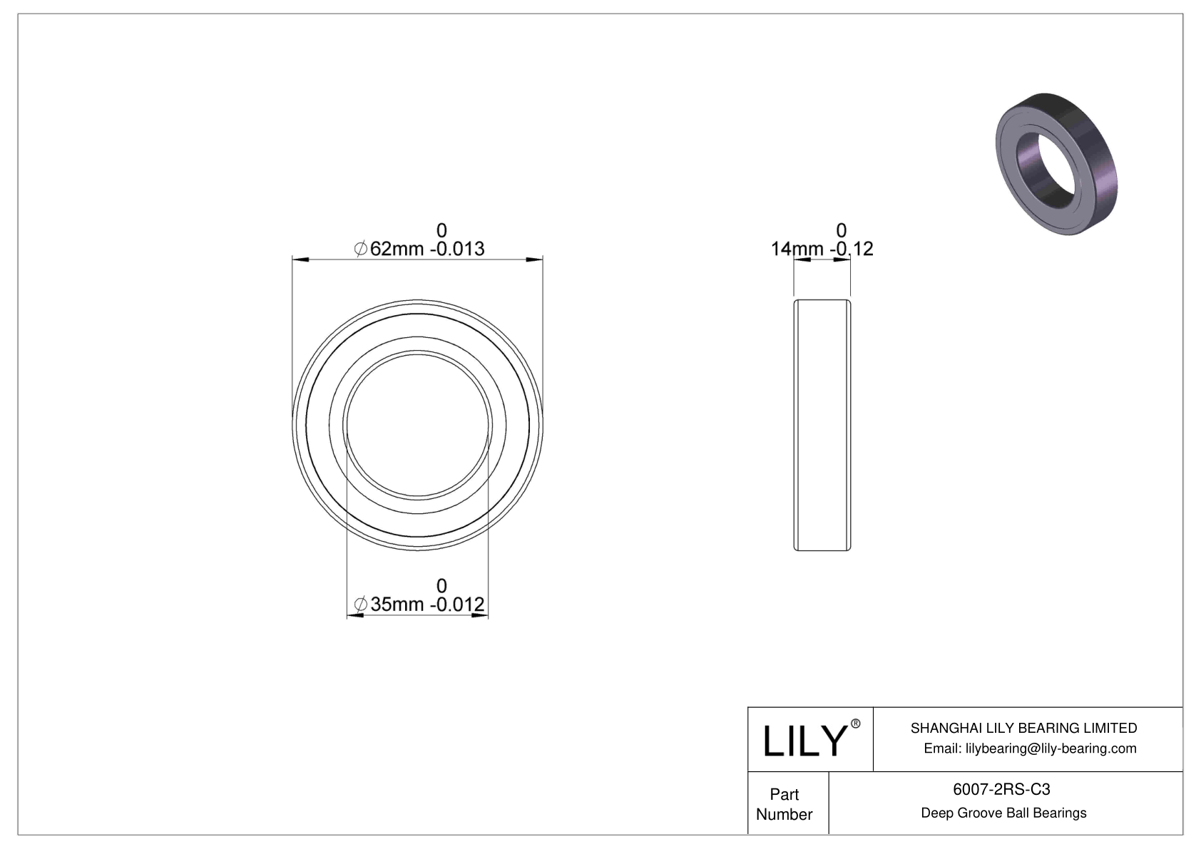 6007-2RS-C3 Deep Groove Ball Bearings (6000, 6200, 6300, 6400) cad drawing