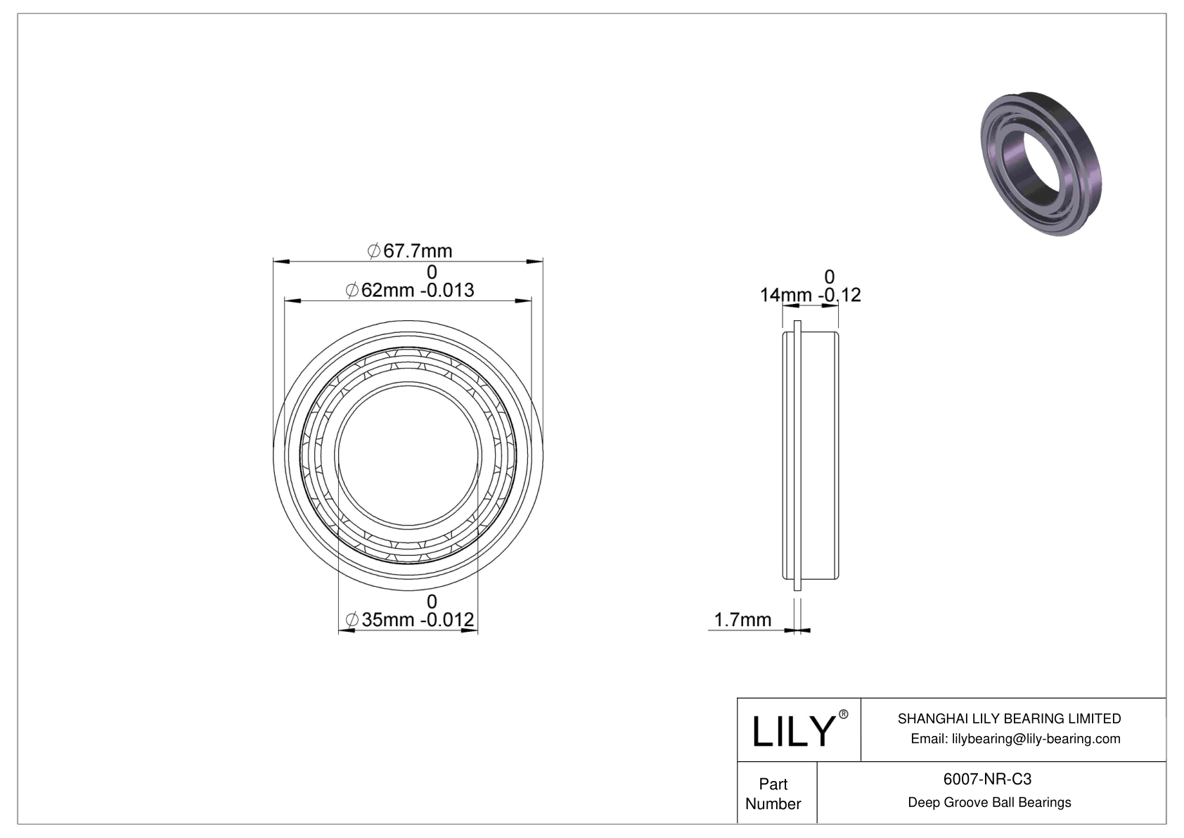 6007-NR-C3 Deep Groove Ball Bearings (6000, 6200, 6300, 6400) cad drawing