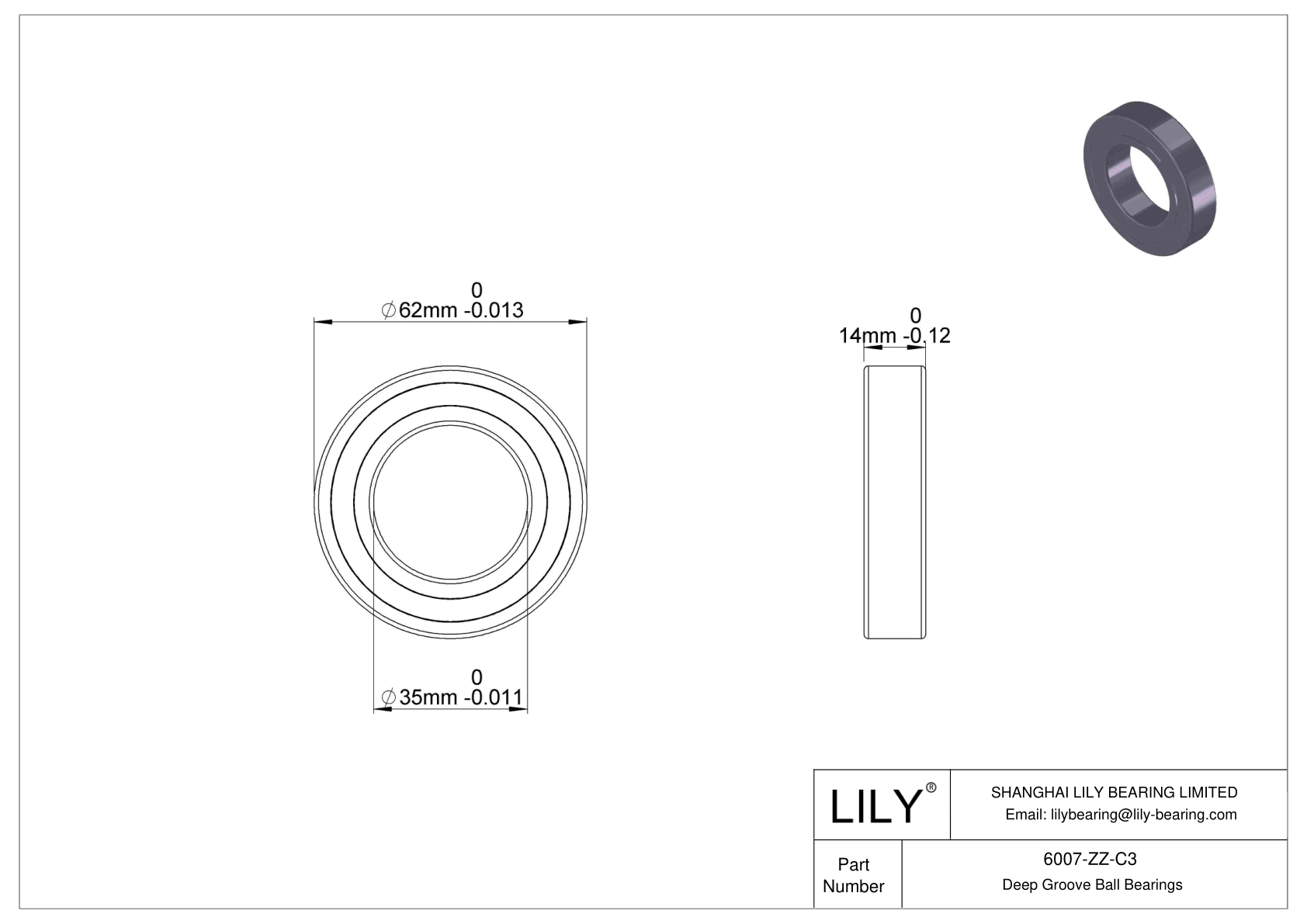 6007-ZZ-C3 Deep Groove Ball Bearings (6000, 6200, 6300, 6400) cad drawing