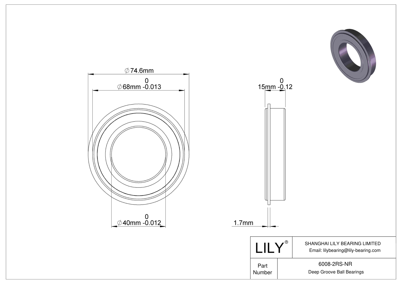 6008-2RS-NR Deep Groove Ball Bearings (6000, 6200, 6300, 6400) cad drawing