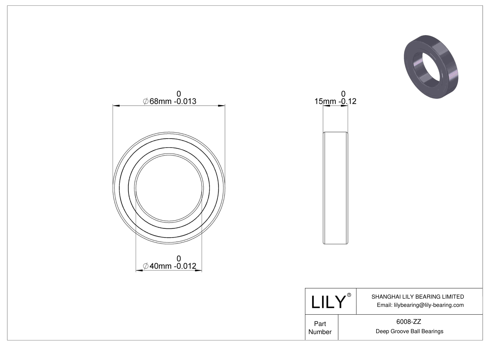 6008-ZZ Deep Groove Ball Bearings (6000, 6200, 6300, 6400) cad drawing