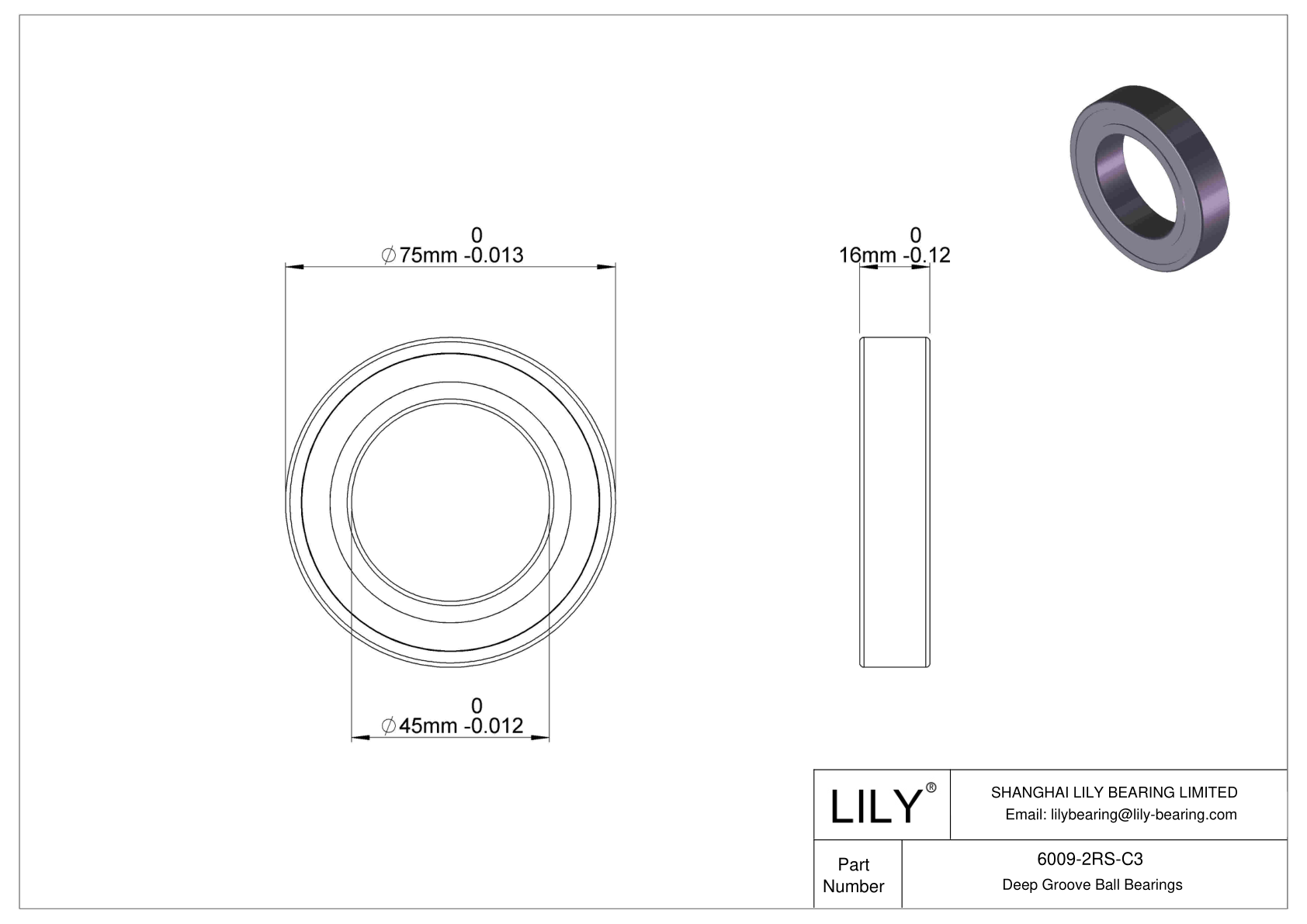 6009-2RS-C3 Deep Groove Ball Bearings (6000, 6200, 6300, 6400) cad drawing