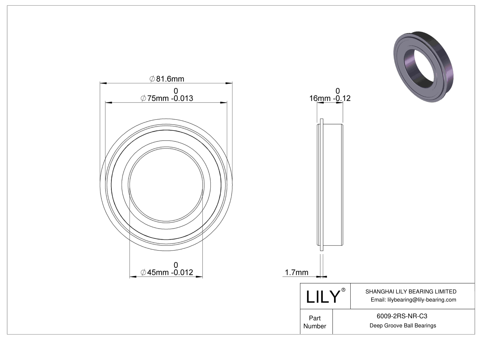 6009-2RS-NR-C3 Deep Groove Ball Bearings (6000, 6200, 6300, 6400) cad drawing