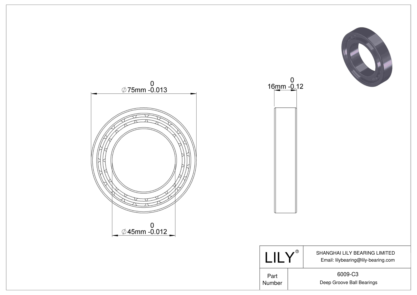 6009-C3 Deep Groove Ball Bearings (6000, 6200, 6300, 6400) cad drawing