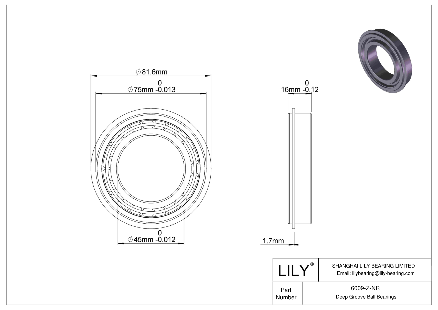 6009-Z-NR Deep Groove Ball Bearings (6000, 6200, 6300, 6400) cad drawing