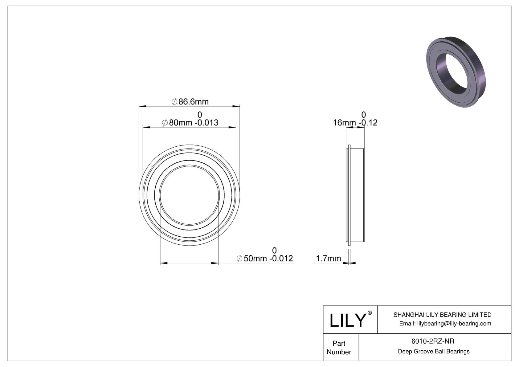 6010-2RZ-NR Deep Groove Ball Bearings (6000, 6200, 6300, 6400) cad drawing