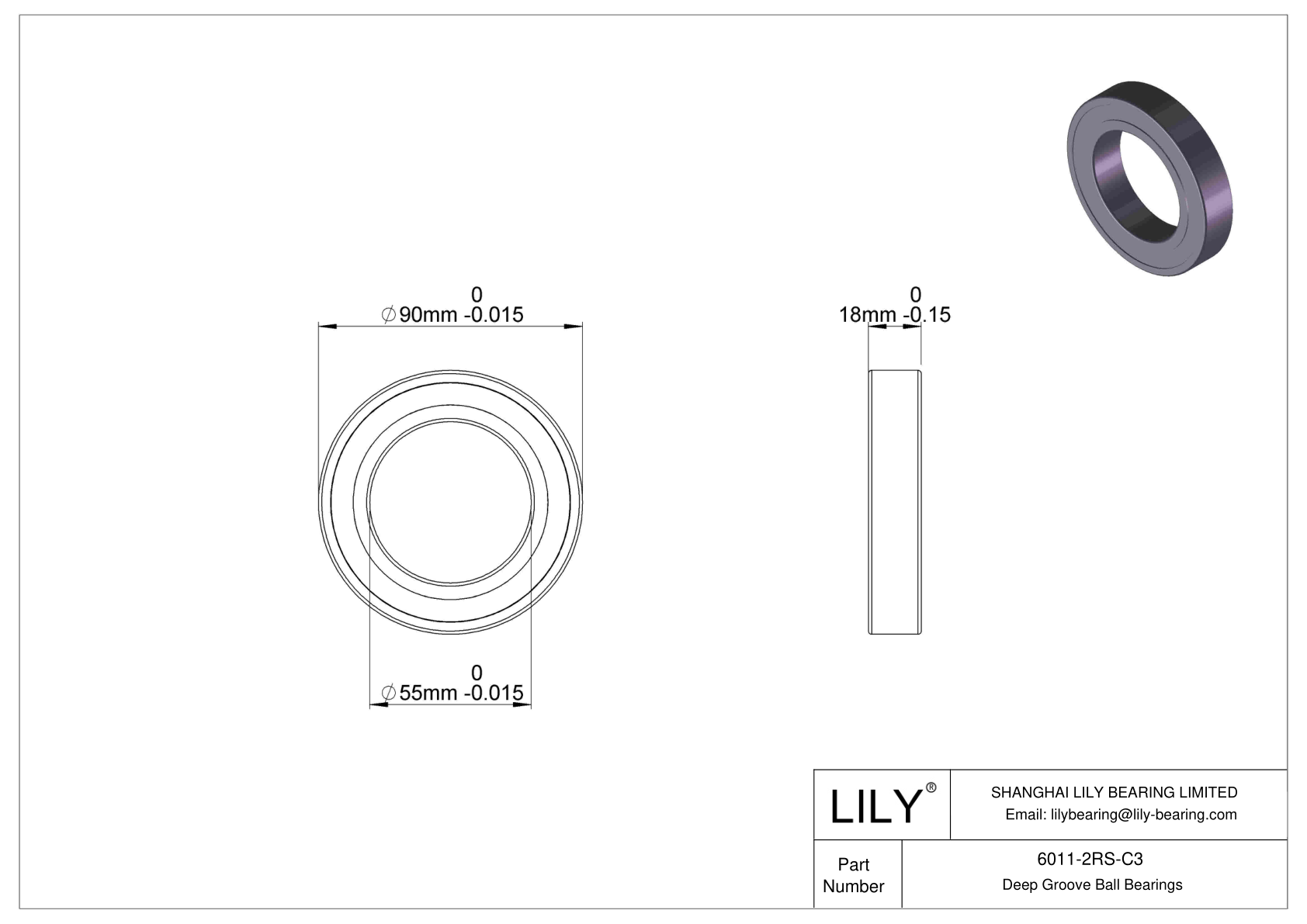 6011-2RS-C3 Deep Groove Ball Bearings (6000, 6200, 6300, 6400) cad drawing