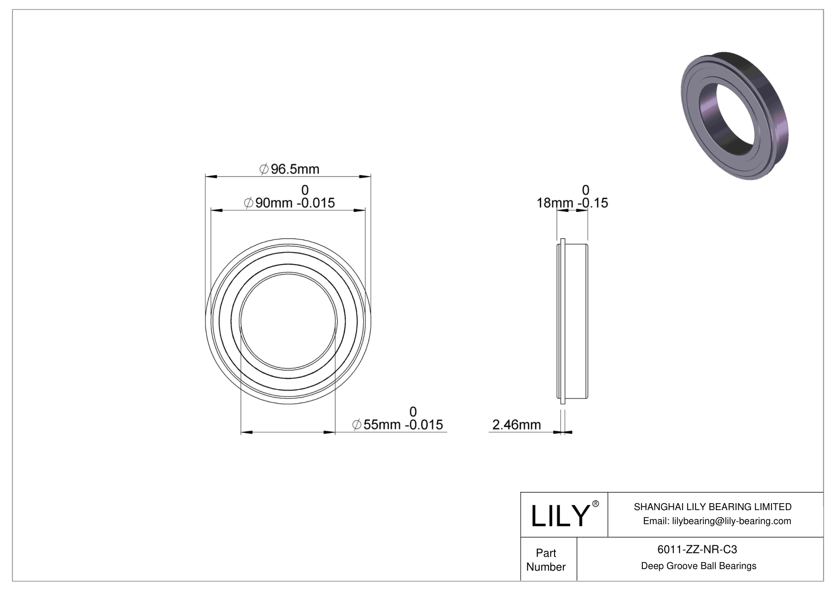 6011-ZZ-NR-C3 Deep Groove Ball Bearings (6000, 6200, 6300, 6400) cad drawing