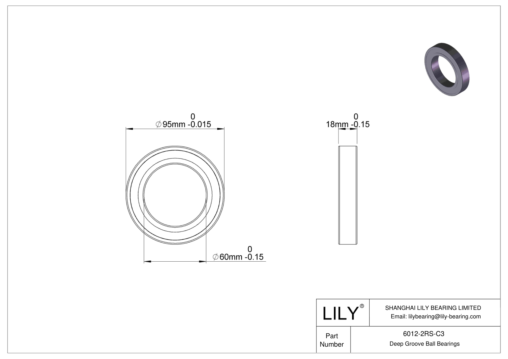 6012-2RS-C3 Deep Groove Ball Bearings (6000, 6200, 6300, 6400) cad drawing