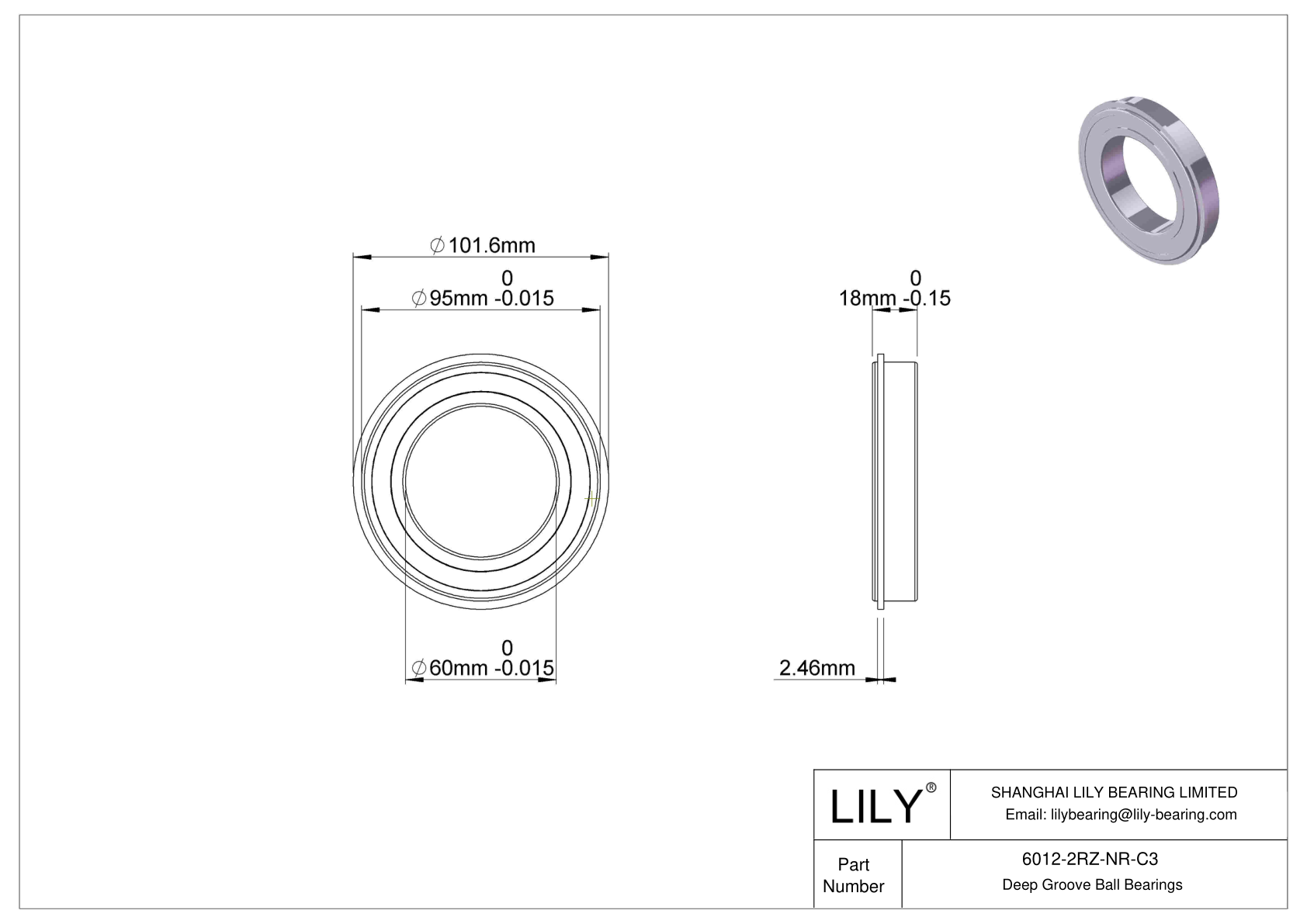 6012-2RZ-NR-C3 Deep Groove Ball Bearings (6000, 6200, 6300, 6400) cad drawing