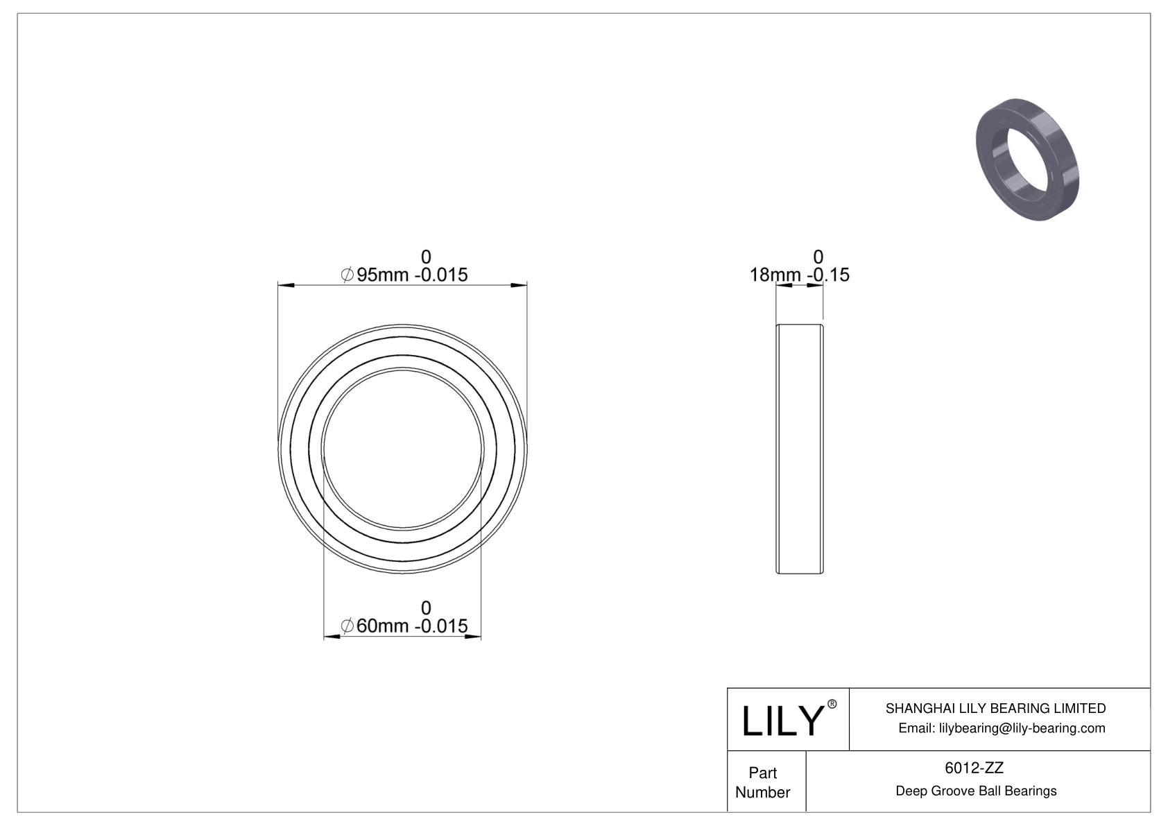 6012-ZZ Deep Groove Ball Bearings (6000, 6200, 6300, 6400) cad drawing