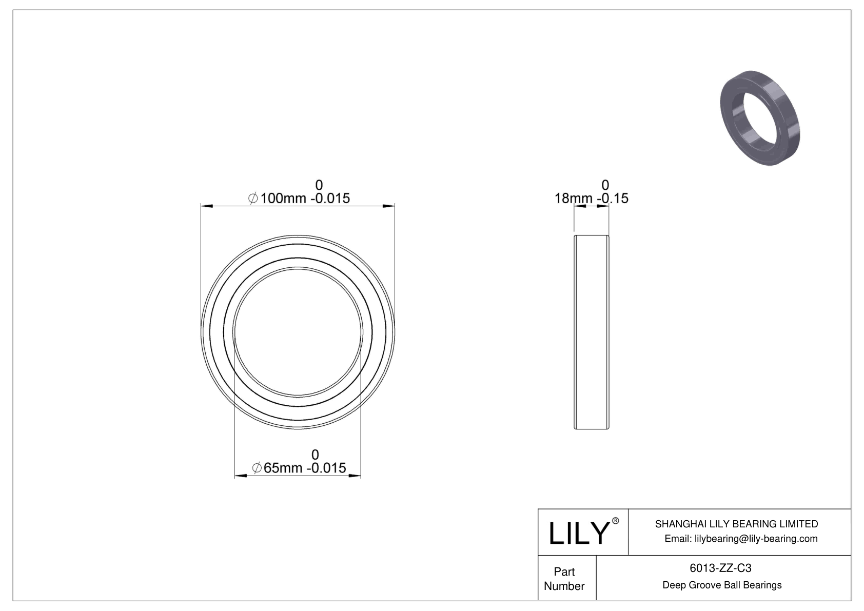 6013-ZZ-C3 Deep Groove Ball Bearings (6000, 6200, 6300, 6400) cad drawing