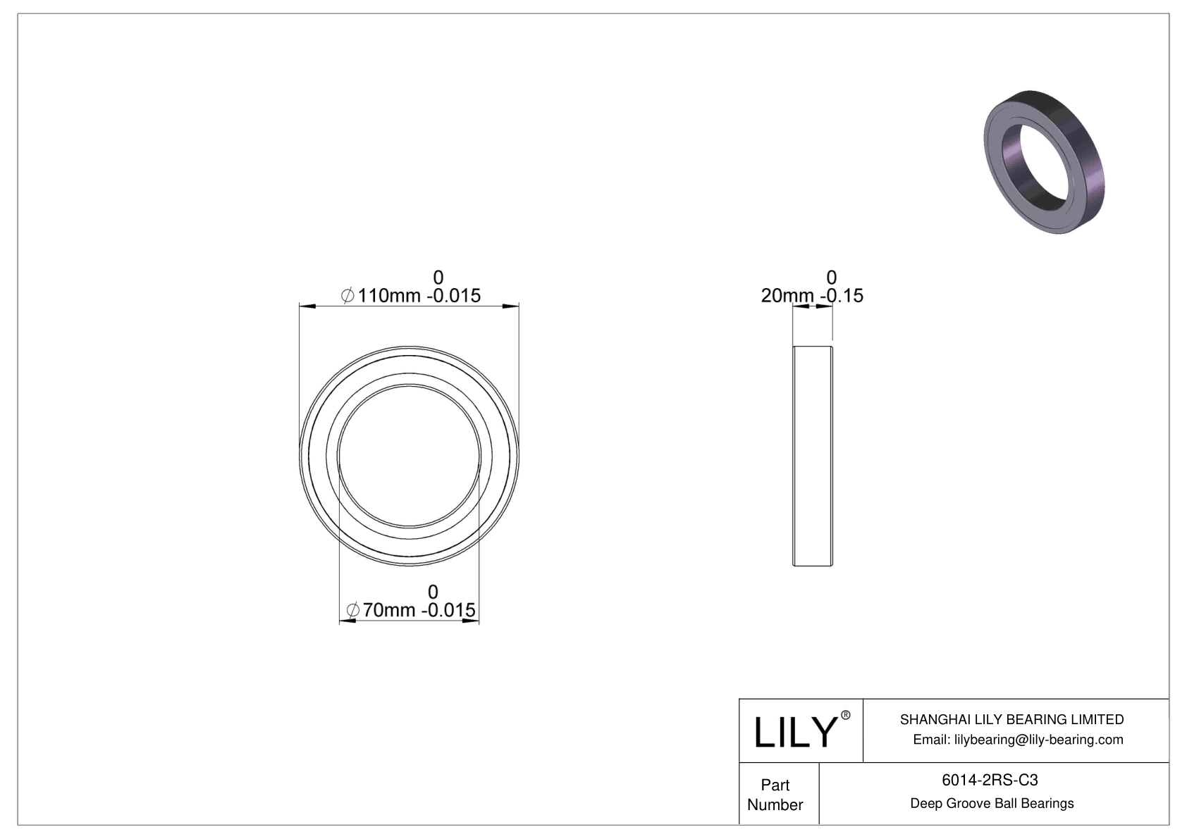 6014-2RS-C3 Deep Groove Ball Bearings (6000, 6200, 6300, 6400) cad drawing