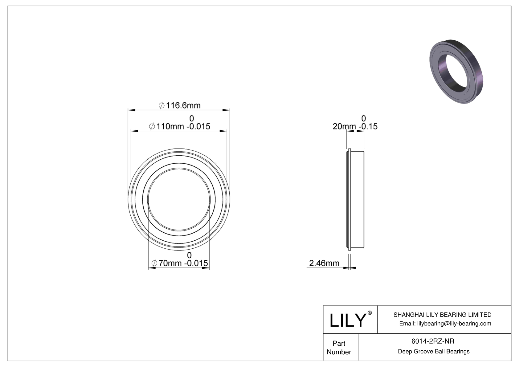 6014-2RZ-NR Deep Groove Ball Bearings (6000, 6200, 6300, 6400) cad drawing